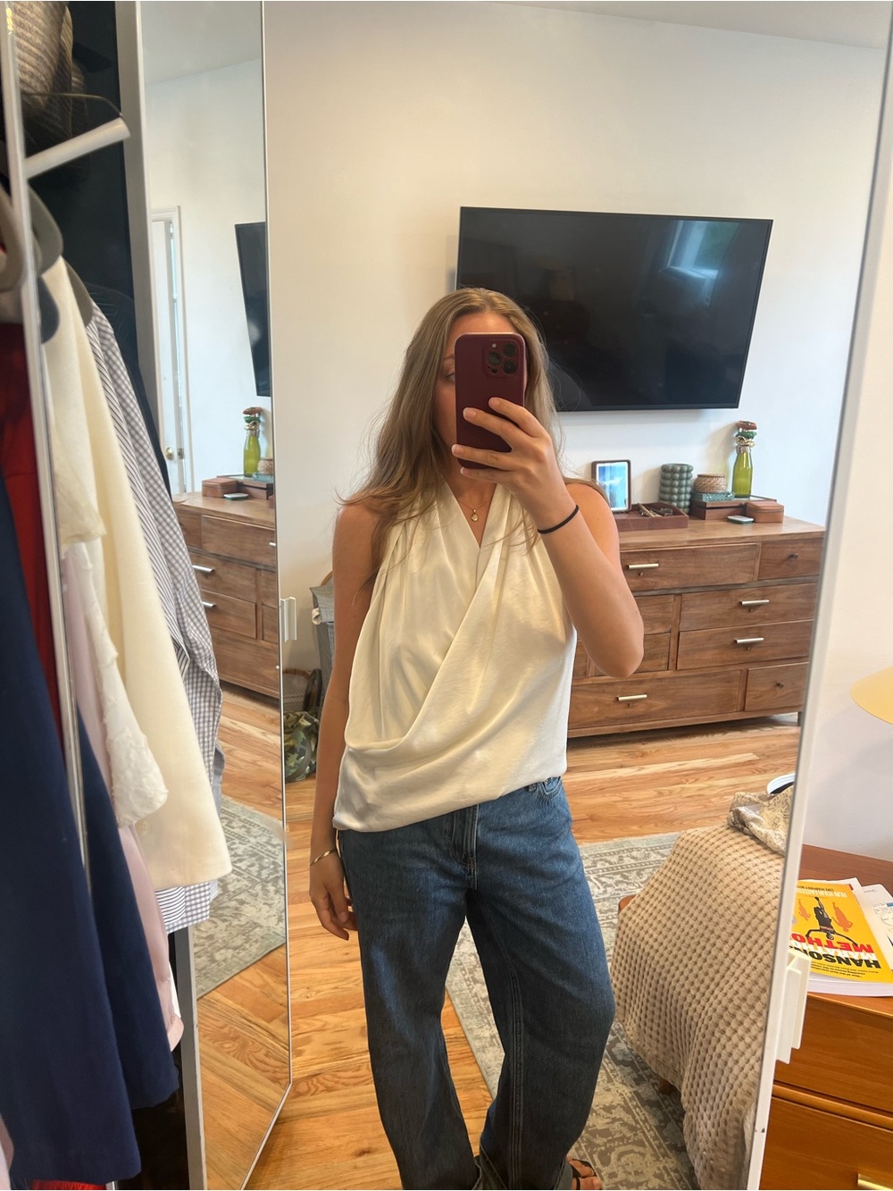 Aritzia Sleeveless Draped V-Neck Top in Cream